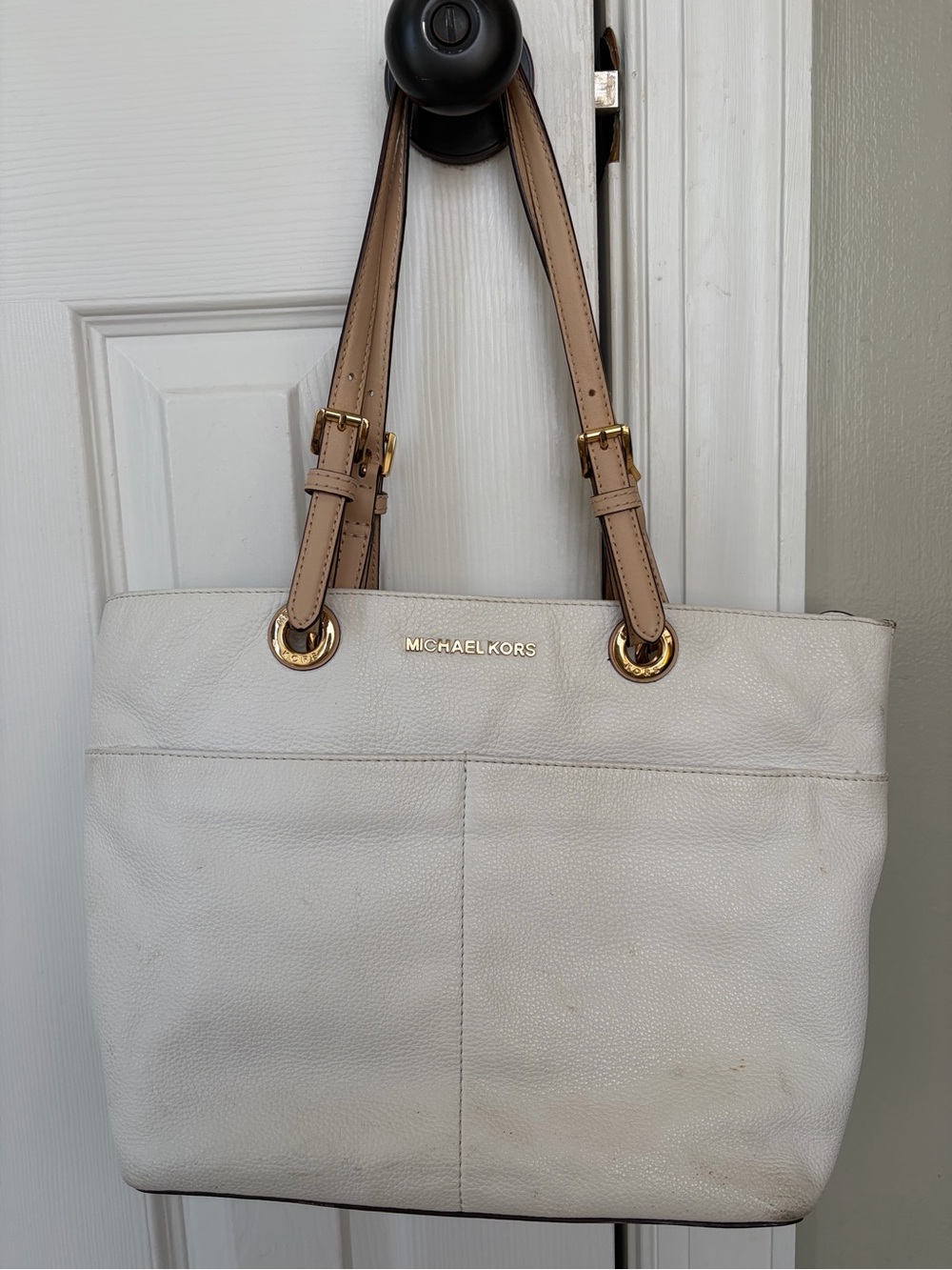 Michael Kors Cream Leather Tote with Tan Straps and Gold Hardware